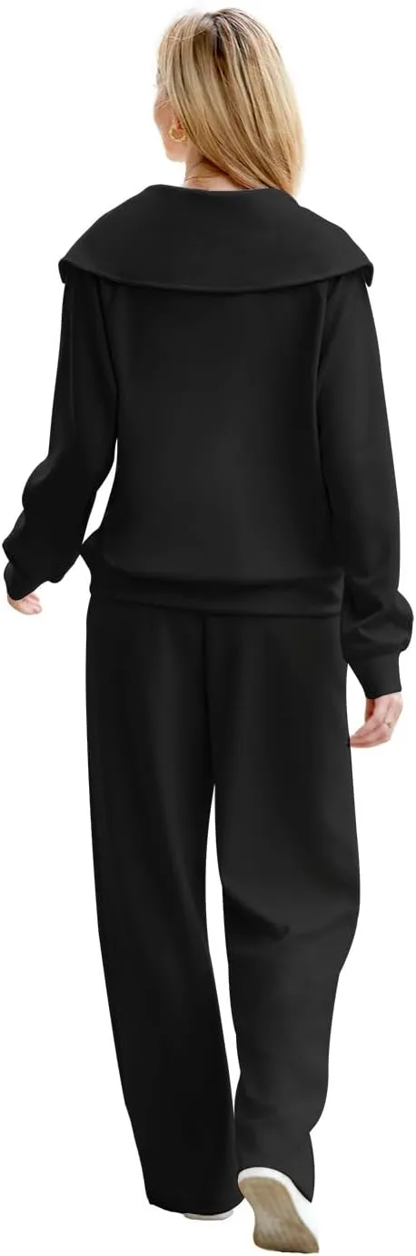 XIEERDUO Lounge Sets For Women 2024 Half Zip Sweatshirt And Wide Leg Sweatpant 2 Piece Outfits Sweatsuit Tracksuit
