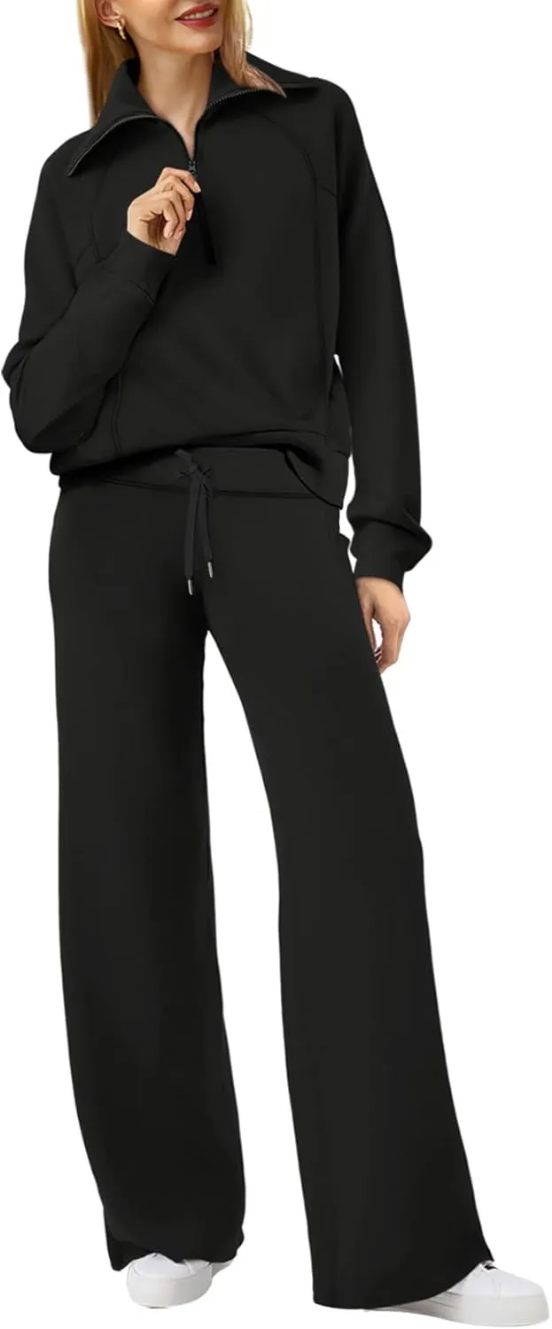 XIEERDUO Lounge Sets For Women 2024 Half Zip Sweatshirt And Wide Leg Sweatpant 2 Piece Outfits Sweatsuit Tracksuit