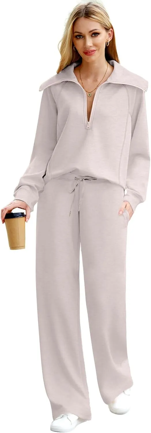 XIEERDUO Lounge Sets For Women 2024 Half Zip Sweatshirt And Wide Leg Sweatpant 2 Piece Outfits Sweatsuit Tracksuit