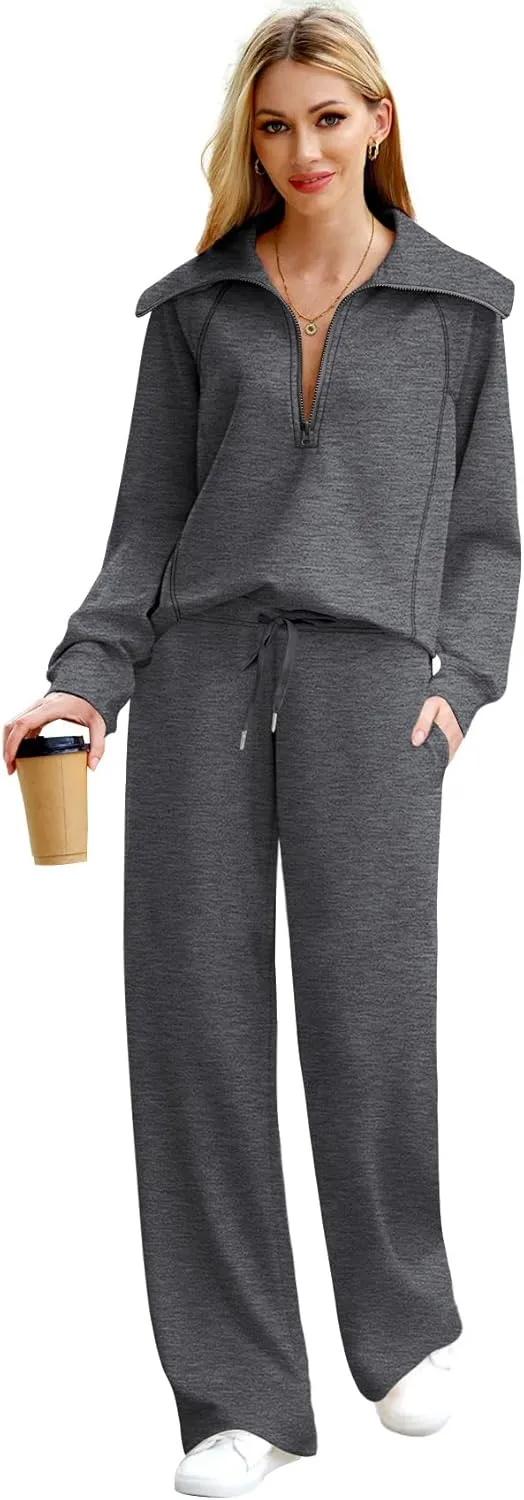 XIEERDUO Lounge Sets For Women 2024 Half Zip Sweatshirt And Wide Leg Sweatpant 2 Piece Outfits Sweatsuit Tracksuit