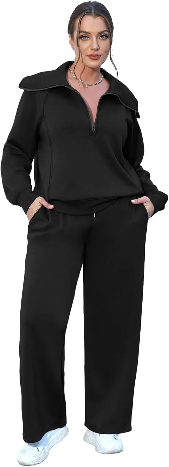 XIEERDUO Lounge Sets For Women 2024 Half Zip Sweatshirt And Wide Leg Sweatpant 2 Piece Outfits Sweatsuit Tracksuit