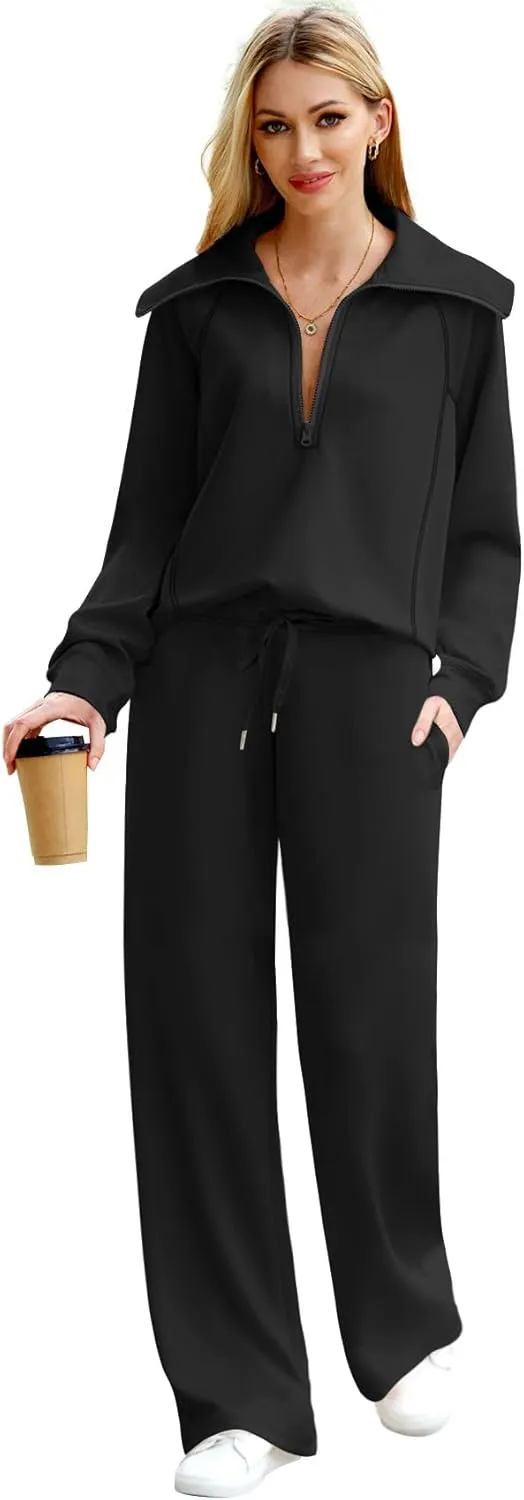XIEERDUO Lounge Sets For Women 2024 Half Zip Sweatshirt And Wide Leg Sweatpant 2 Piece Outfits Sweatsuit Tracksuit