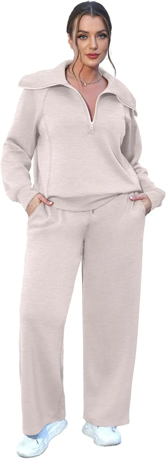 XIEERDUO Lounge Sets For Women 2024 Half Zip Sweatshirt And Wide Leg Sweatpant 2 Piece Outfits Sweatsuit Tracksuit