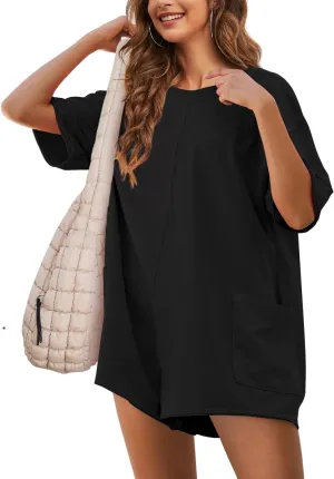 Yeokou Rompers for Women Casual Short Sleeve Oversized Athletic Workout Reversible Hot Shot Tee Romper Deep Pockets