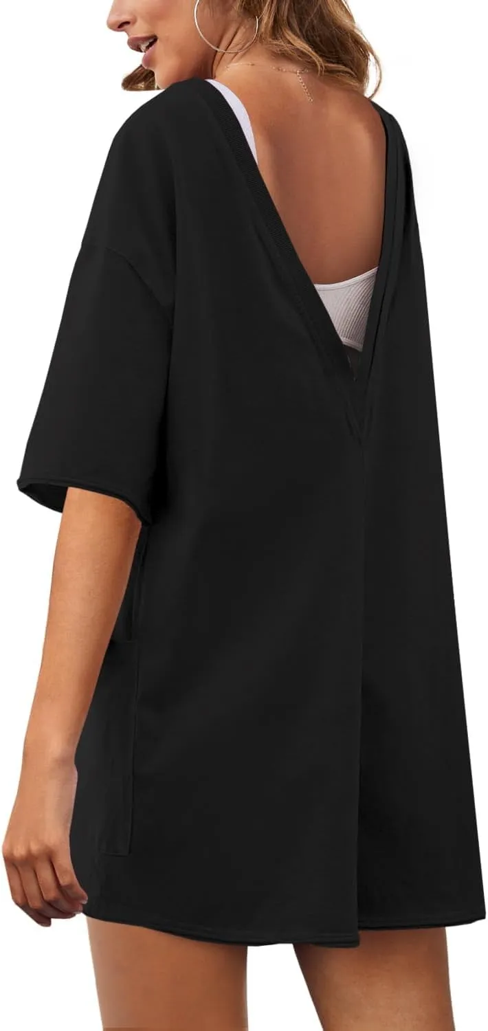 Yeokou Rompers for Women Casual Short Sleeve Oversized Athletic Workout Reversible Hot Shot Tee Romper Deep Pockets