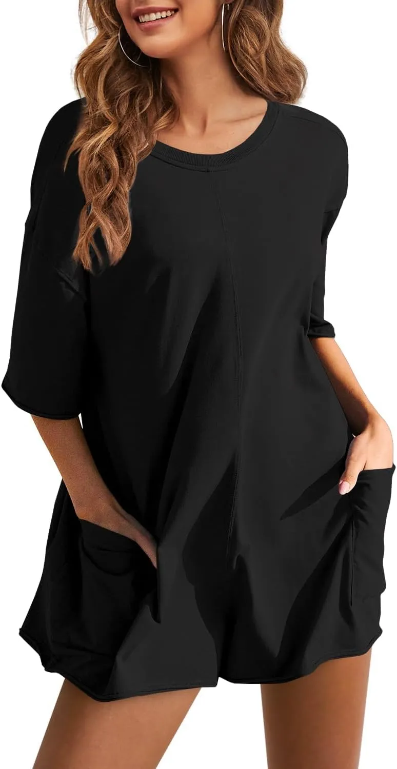 Yeokou Rompers for Women Casual Short Sleeve Oversized Athletic Workout Reversible Hot Shot Tee Romper Deep Pockets
