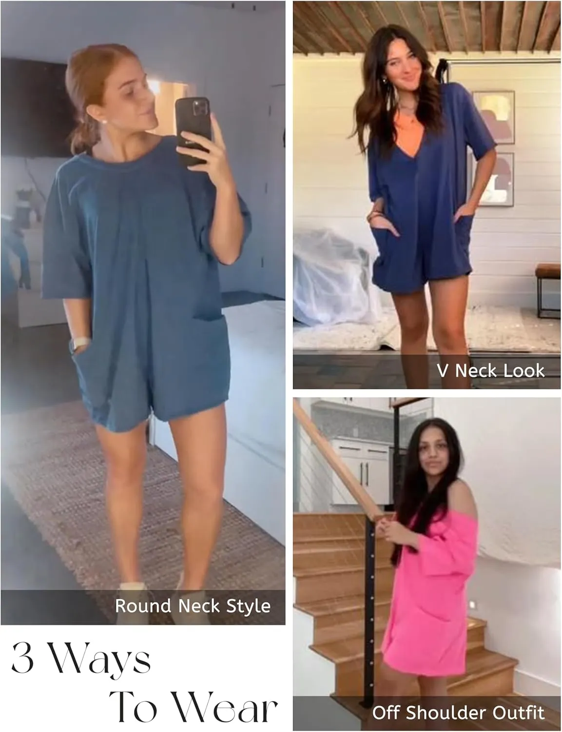 Yeokou Rompers for Women Casual Short Sleeve Oversized Athletic Workout Reversible Hot Shot Tee Romper Deep Pockets
