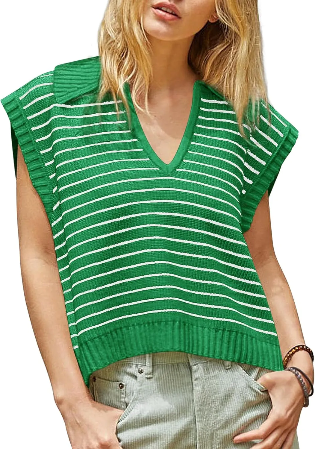 Yousify Summer Sweaters for Women 2025 V Neck Cap Sleeve Tops Sleeveless Spring Clothes Sweater Vest S-2XL
