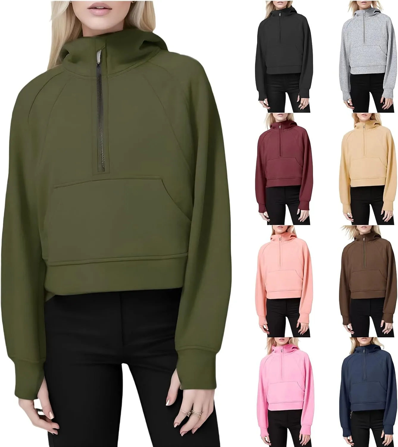 Zip Up Hoodies for Women Cropped Half Zipper Sweatshirts Athletic Trendy Long Sleeve Fleece Sweater with Thumb Hole
