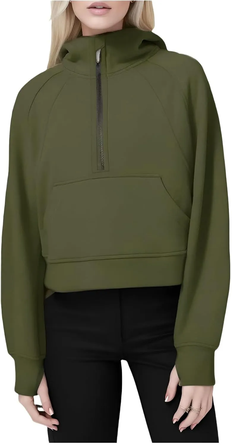 Zip Up Hoodies for Women Cropped Half Zipper Sweatshirts Athletic Trendy Long Sleeve Fleece Sweater with Thumb Hole